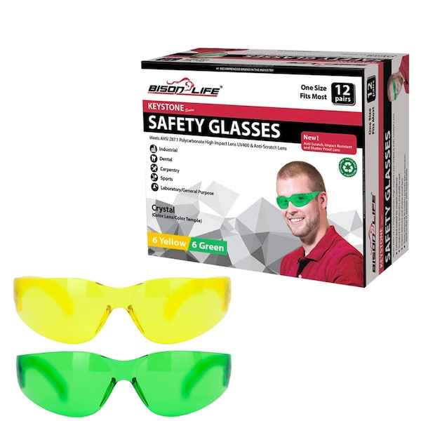 Bison Life Keystone, Safety Glasses Anti-Scratch, Yellow & Green Lens, 12 PK - BL-KSSG1-CLCT-YGR-12