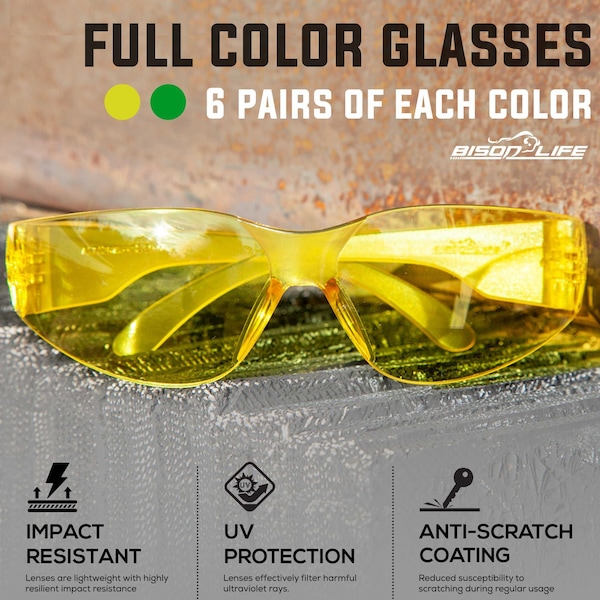 Bison Life Keystone, Safety Glasses Anti-Scratch, Yellow & Green Lens, 12 PK - BL-KSSG1-CLCT-YGR-12