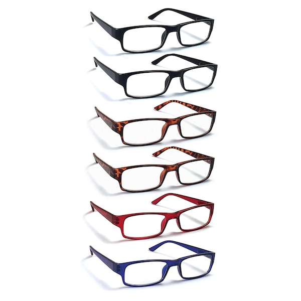 Boost Eyewear Reading Glasses, Traditional Frames in Black, Tortoise Shell, Blue and Red, 6PK - 27175-6PK