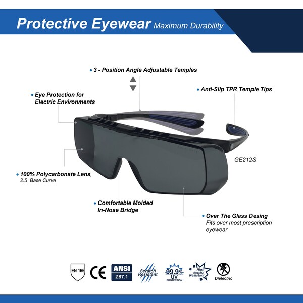 Ge Safety Glasses, Smoke Anti-Scratch Lens, Polycarbonate, Black/Blue - GE212S