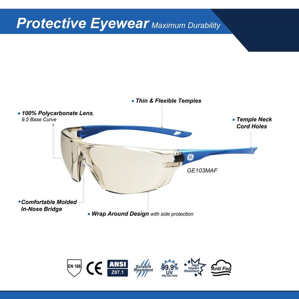 Ge Safety Glasses, Mirror, I/O Anti-Fog &  Anti-Scratch Lens, Polycarbonate, Blue - GE103MAF