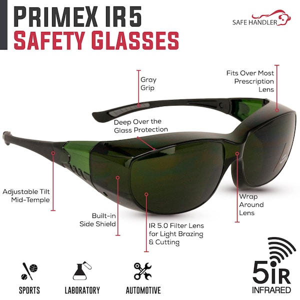 Bison Life PrimeX IR5, Welding Safety Glasses Anti-Fog &  Anti-Scratch, Dark Green Lens, Wraparound - SH-PRXSG-FCBK-MS14-IR5