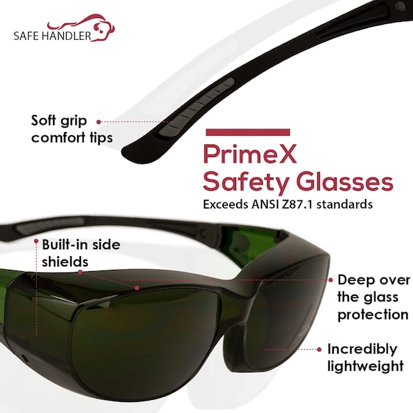 Bison Life PrimeX IR5, Welding Safety Glasses Anti-Fog &  Anti-Scratch, Dark Green Lens, Wraparound - SH-PRXSG-FCBK-MS14-IR5