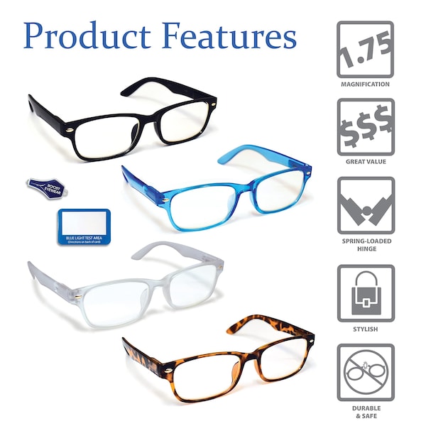 Boost Eyewear Blue Light Blocking Reading Glasses, Antiglare Lenses, Traditional Frames, 4PK - 20200