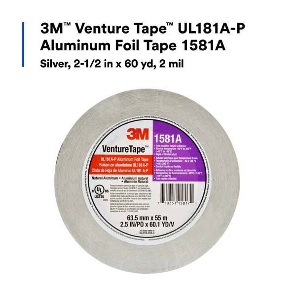 Cinta de aluminio 3M VentureTape, 2-1/2 pulgadas x 60 yardas, 1581A-G075 - 7100043830
