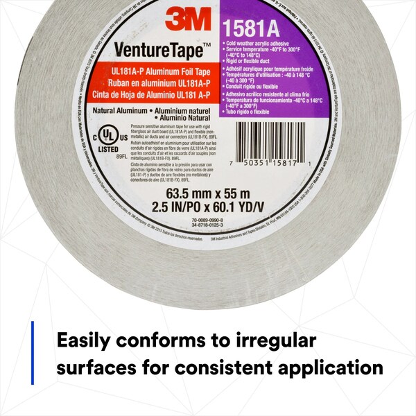Cinta de aluminio 3M VentureTape, 2-1/2 pulgadas x 60 yardas, 1581A-G075 - 7100043830