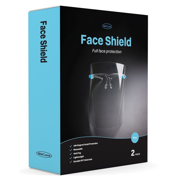 Wecare Face Shield Blue Eyeglasses Frame, Full Face Protection, includes Cleaning Cloth, 2PK - WMN100012