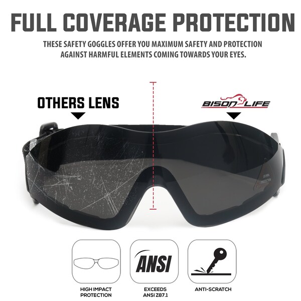 Bison Life Mirage, Safety Goggles Anti-Fog &  Anti-Scratch, Black Lens - SH-MRSG-BKLBKS-MS19