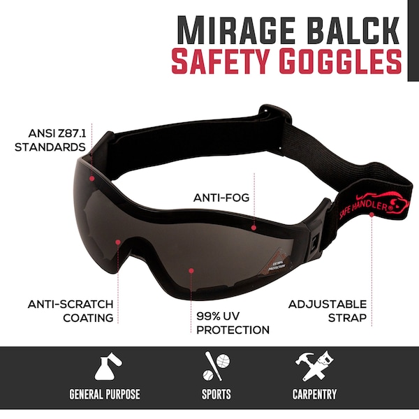 Bison Life Mirage, Safety Goggles Anti-Fog &  Anti-Scratch, Black Lens - SH-MRSG-BKLBKS-MS19