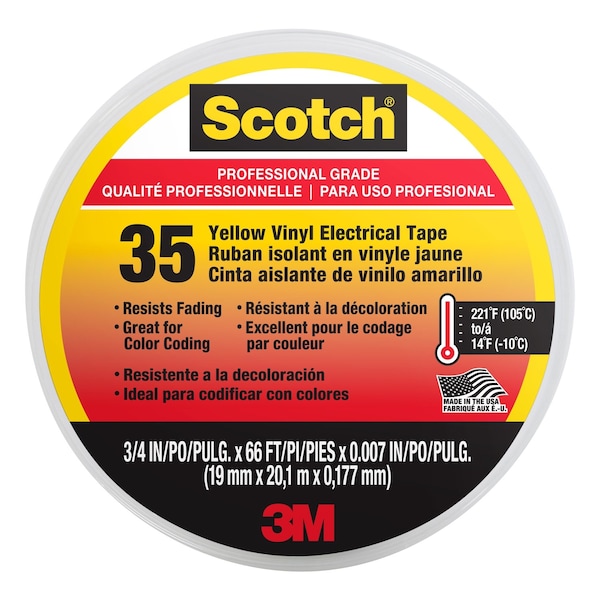 Cinta eléctrica de vinilo amarillo de 3/4 pulgadas de ancho x 66 pulgadas de largo - 10844-DL-5