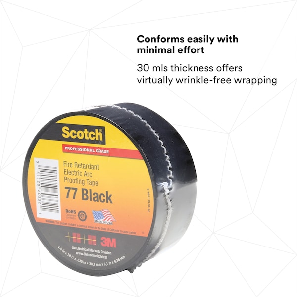 Cinta Eléctrica 3M, 30 mil, 1-1/2" x 20 ft., Negro - 77BLACK-1-1/2X20FT