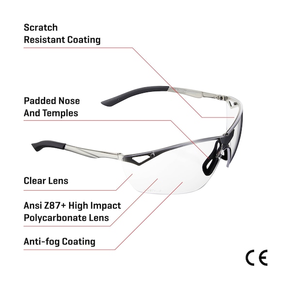 Allen Co Trigger Metal Frame Shooting Safety Glasses, Clear Lenses, ANSI Z87.1+ & CE Rated - 2368