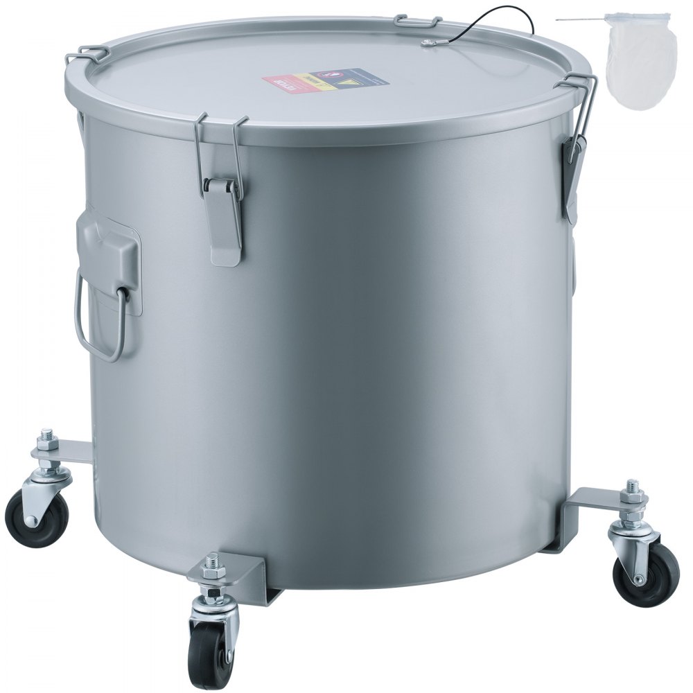 VEVOR Fryer Grease Bucket, 16 Gal Oil Disposal Caddy with Caster Base, Carbon Steel Rust-Proof Coating, Oil Transport Container with Lid, Lock Clips, Filter Bag for Hot Cooking Oil Filtering, Gray - DJLZGYZTTG16KWCSKV0