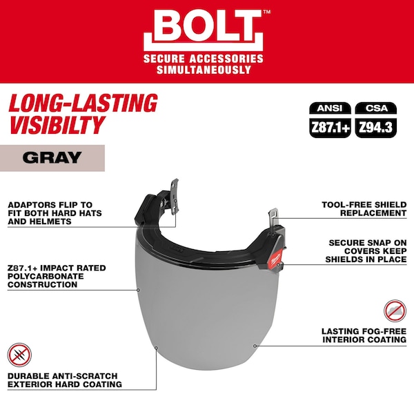 Milwaukee Tool Gray Visor, 9.5 in Height, Not Applicable Suspension, Black, Gray - 48-73-1425