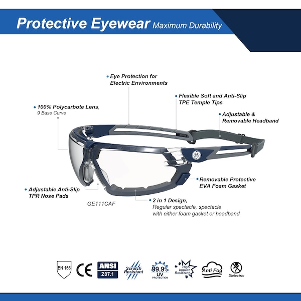 Ge Safety Glasses, Clear Anti-Fog &  Anti-Scratch Lens, Polycarbonate, Black/Blue - GE111CAF