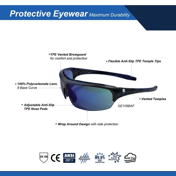 Ge Safety Glasses, Blue Mirror Anti-Fog &  Anti-Scratch Lens, Polycarbonate, Black/Blue - GE109BAF