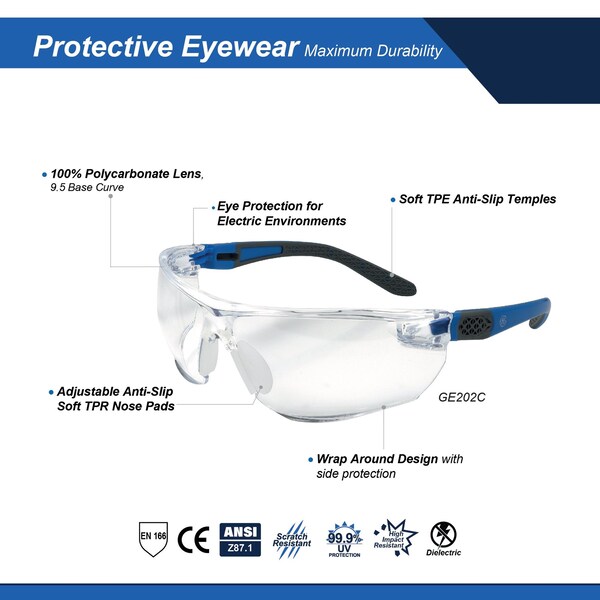 Ge Safety Glasses, Clear Anti-Scratch Lens, Polycarbonate, Gray/Blue - GE202C