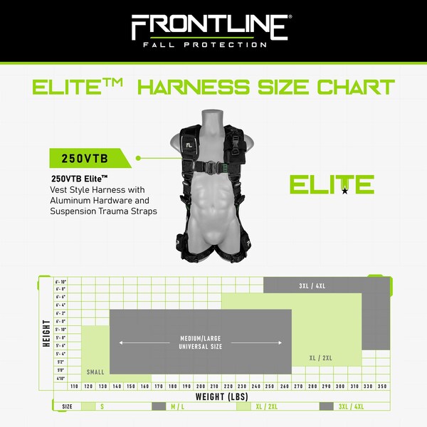 Frontline Elite Harness, M/L, 310 lbs, Quick Connect Chest/ Tongue Leg Buckles, Back D-Ring - 250VTB-ML