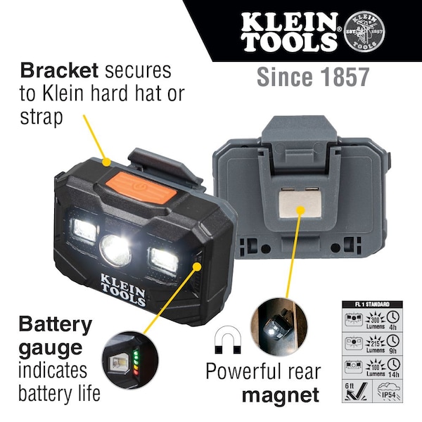 Klein Tools Rechargeable LED Headlamp and Work Light, For Hard Hats, 300 Lumens, Three Modes, All-Day Runtime - 56062