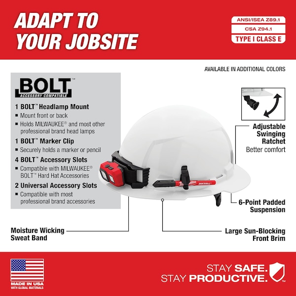 Milwaukee Tool BOLT Black Full Brim Hard Hat w/6pt Ratcheting Suspension - Type 1, Class E - 48-73-1131