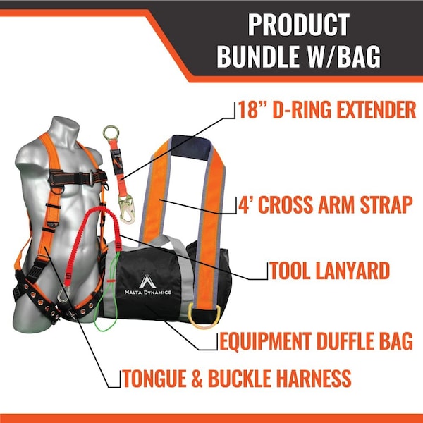 Malta Dynamics Safety Harness Fall Protection Kit, 5 Piece Bundle, Tongue Buckle Legs Full Body Harness L-XL - B2002-C5010-C1006-A6350-K1002