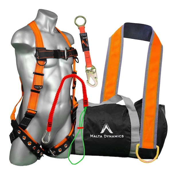 Malta Dynamics Safety Harness Fall Protection Kit, 5 Piece Bundle, Tongue Buckle Legs Full Body Harness L-XL - B2002-C5010-C1006-A6350-K1002