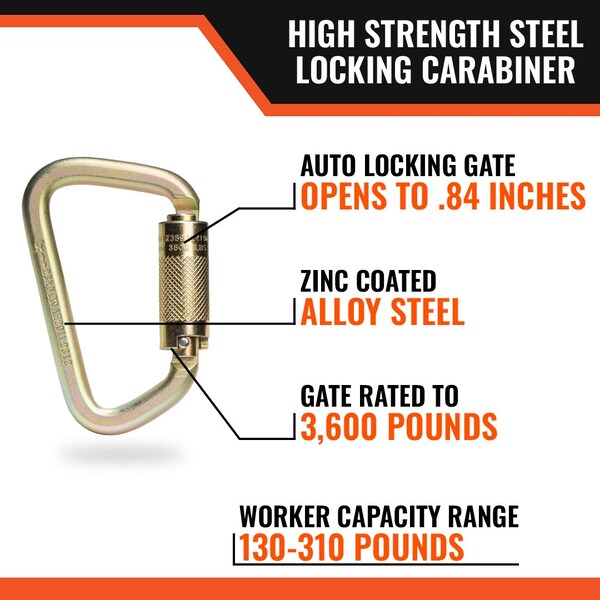 Malta Dynamics Carabiner, Twist Self-Locking, Pear, 5.5 in Length, .84 in Gate Opening, Zinc Plated Alloy Steel - C1000
