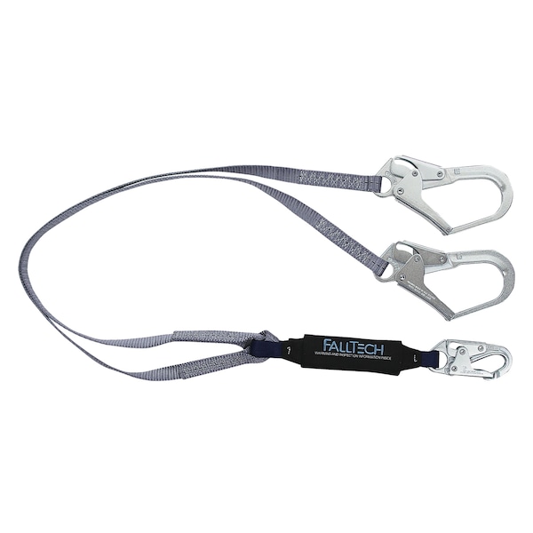 Falltech ViewPack Shock Absorbing Lanyard With 1 Snap Hook and 2 Rebars, 310 lb Load, 6 ft L, Polyester L - 826073
