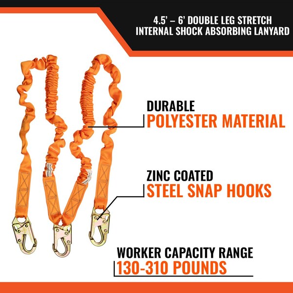 Malta Dynamics 4.5ft - 6ft DOUBLE LEG STRETCH INTERNAL SHOCK ABSORBING LANYARD WITH 3 STEEL SNAP HOOKS - C5106