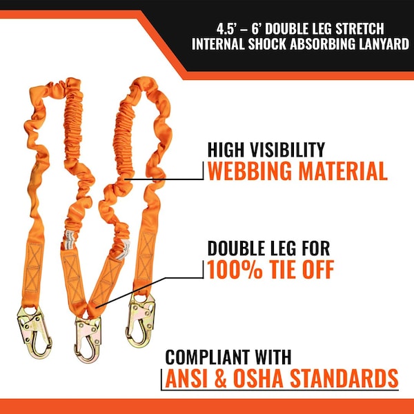 Malta Dynamics 4.5ft - 6ft DOUBLE LEG STRETCH INTERNAL SHOCK ABSORBING LANYARD WITH 3 STEEL SNAP HOOKS - C5106