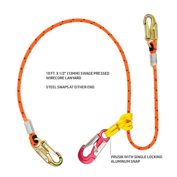 Rope Logic Wirecore 2 in 1 Lanyard 1/2 in. x 10 ft. Hip Prusik w/snaps - 29106