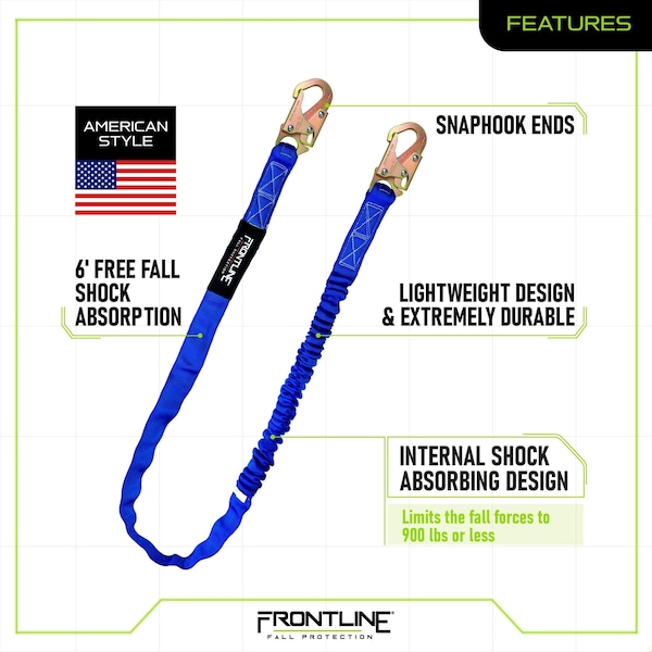 Frontline Combat American Style Single Leg 6' Snaphook Lanyard with Internal Shock Absorber - LIS61S-AM