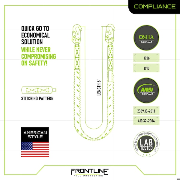 Frontline Combat American Style Single Leg 6' Snaphook Lanyard with Internal Shock Absorber - LIS61S-AM