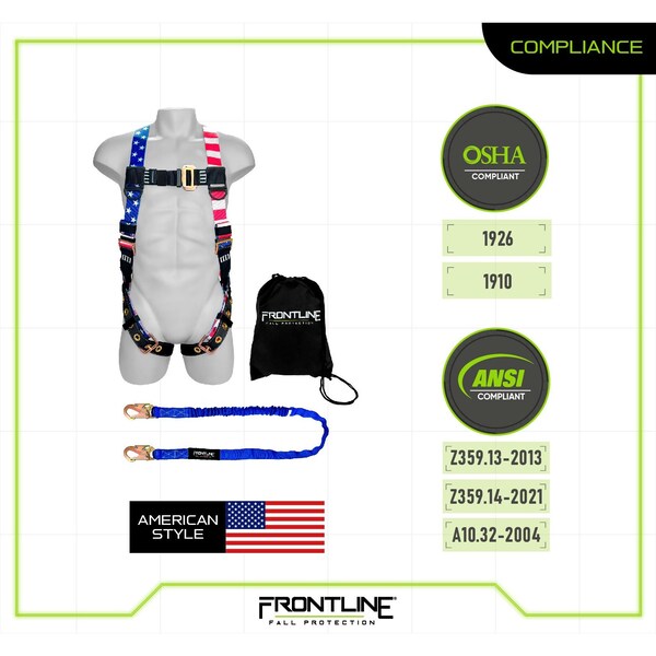 Frontline Combat American Style Compliance Kit - Harness, 6' Single Leg Lanyard and Drawstring Bag - K100-61S-AM
