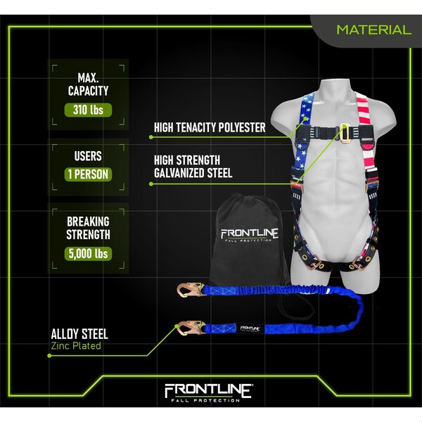 Frontline Combat American Style Compliance Kit - Harness, 6' Single Leg Lanyard and Drawstring Bag - K100-61S-AM