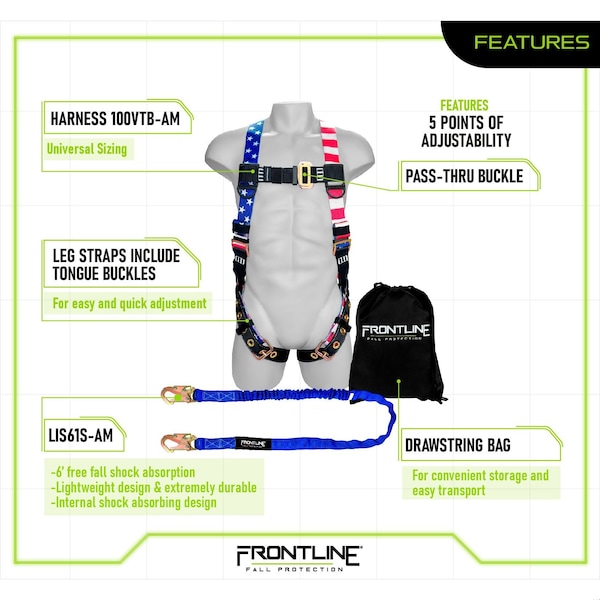Frontline Combat American Style Compliance Kit - Harness, 6' Single Leg Lanyard and Drawstring Bag - K100-61S-AM