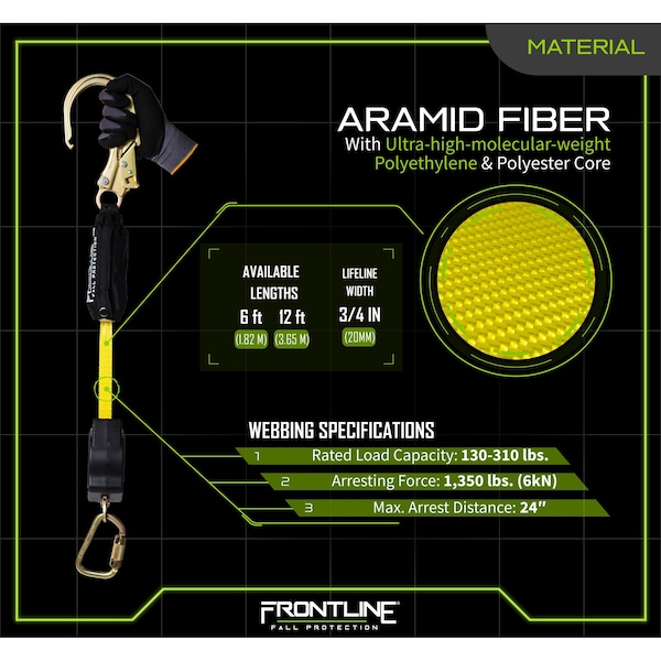 Frontline Aramid Fiber Web Single Leg 6 ft SRL with Steel Rebar Hook End - RPA061R