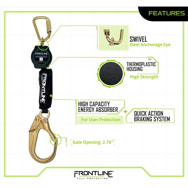 Frontline Aramid Fiber Web Single Leg 6 ft SRL with Steel Rebar Hook End - RPA061R