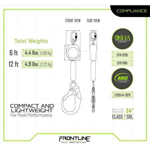 Frontline Aramid Fiber Web Single Leg 6 ft SRL with Steel Rebar Hook End - RPA061R