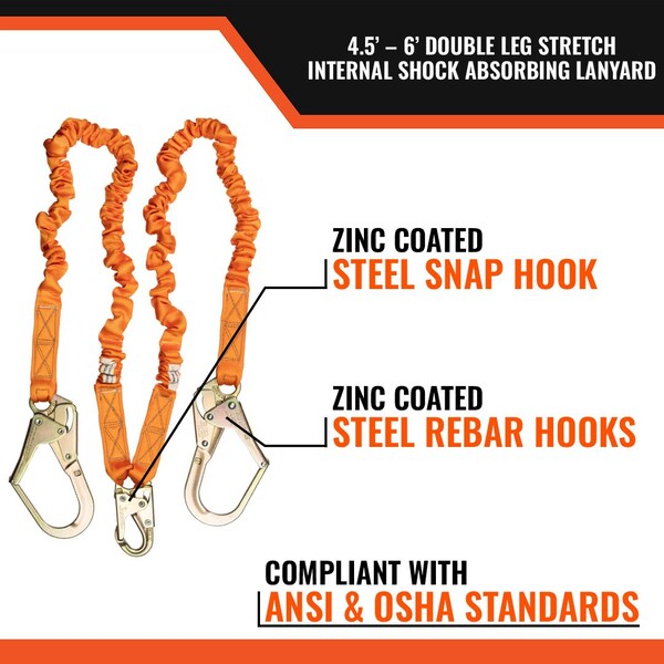 Malta Dynamics 4.5ft - 6ft DOUBLE LEG STRETCH INTERNAL SHOCK ABSORBING LANYARD W 2 REBAR HOOKS, 1 STEEL SNAP HOOK - C5117