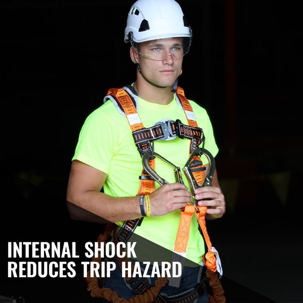 Malta Dynamics 4.5ft - 6ft DOUBLE LEG STRETCH INTERNAL SHOCK ABSORBING LANYARD W 2 REBAR HOOKS, 1 STEEL SNAP HOOK - C5117
