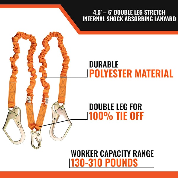 Malta Dynamics 4.5ft - 6ft DOUBLE LEG STRETCH INTERNAL SHOCK ABSORBING LANYARD W 2 REBAR HOOKS, 1 STEEL SNAP HOOK - C5117