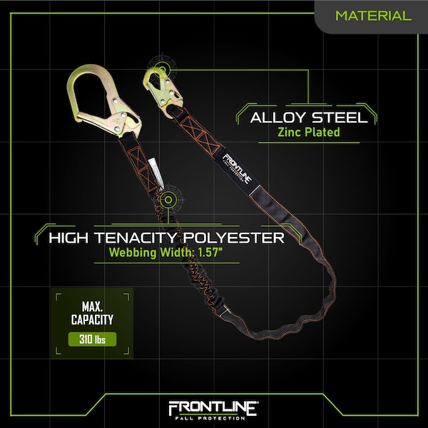 Frontline Combat 6' Single Leg Rebar Hook End Lanyard with Internal Shock Absorber - LIS61R