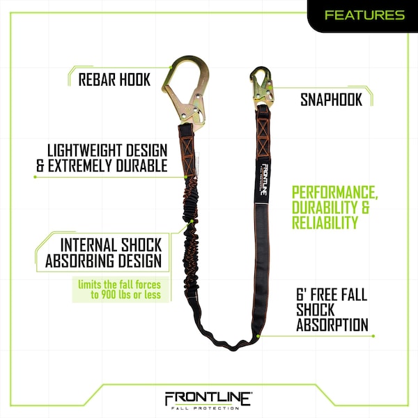 Frontline Combat 6' Single Leg Rebar Hook End Lanyard with Internal Shock Absorber - LIS61R