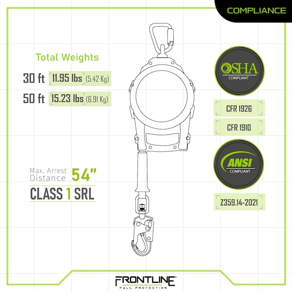 Frontline Cable Single Leg 30 ft SRL with Steel Snap Hook End with Carry on Handle and Tagline - RPGC30