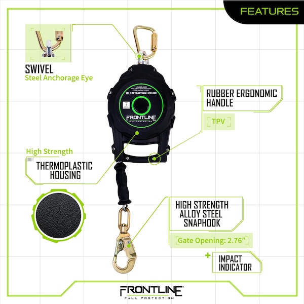 Frontline Cable Single Leg 30 ft SRL with Steel Snap Hook End with Carry on Handle and Tagline - RPGC30