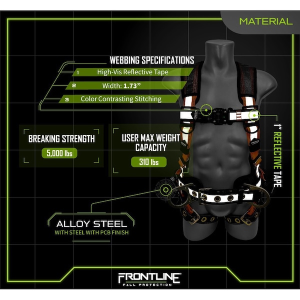 Frontline Combat Reflective Harness, M/L, 310 lbs, Trauma Straps Chest/ Tongue Leg Buckles, Side D-Ring - 100RCTB-ML
