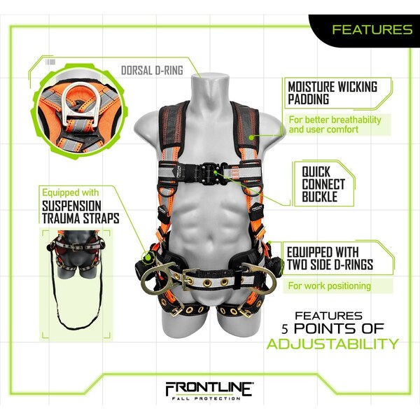 Frontline Combat Reflective Harness, M/L, 310 lbs, Trauma Straps Chest/ Tongue Leg Buckles, Side D-Ring - 100RCTB-ML