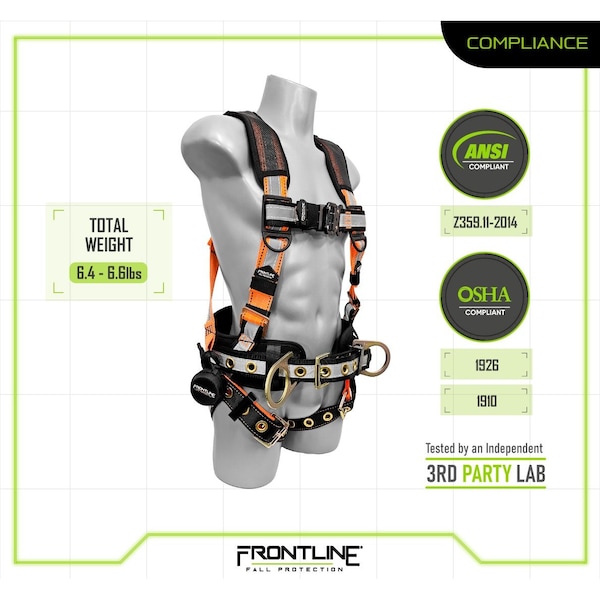 Frontline Combat Reflective Harness, M/L, 310 lbs, Trauma Straps Chest/ Tongue Leg Buckles, Side D-Ring - 100RCTB-ML