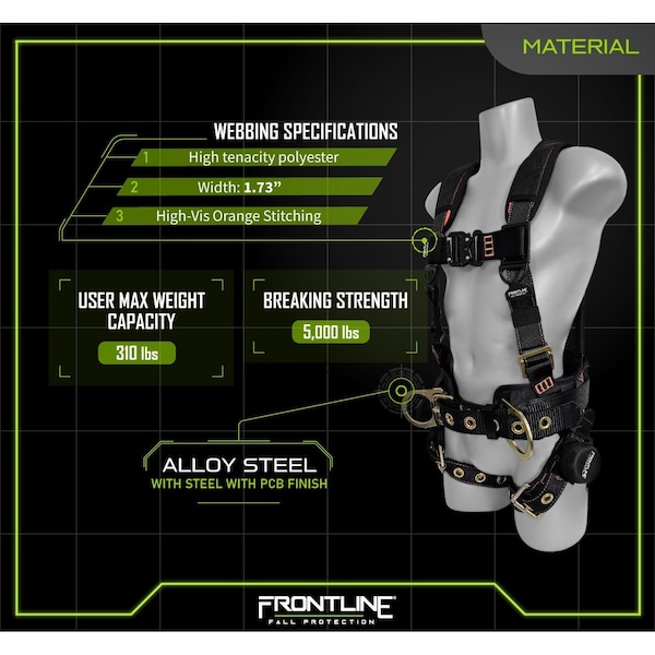 Frontline Combat Harness, M/L, 310 lbs, Trauma Straps Chest/ Tongue Leg Buckles, Side D-Ring - 100CTB-ML